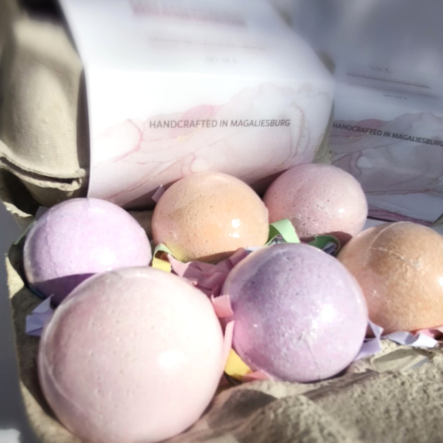 BATH FIZZIES EGG BOX - a Selection of 6 Essential Oil Bath Fizzies