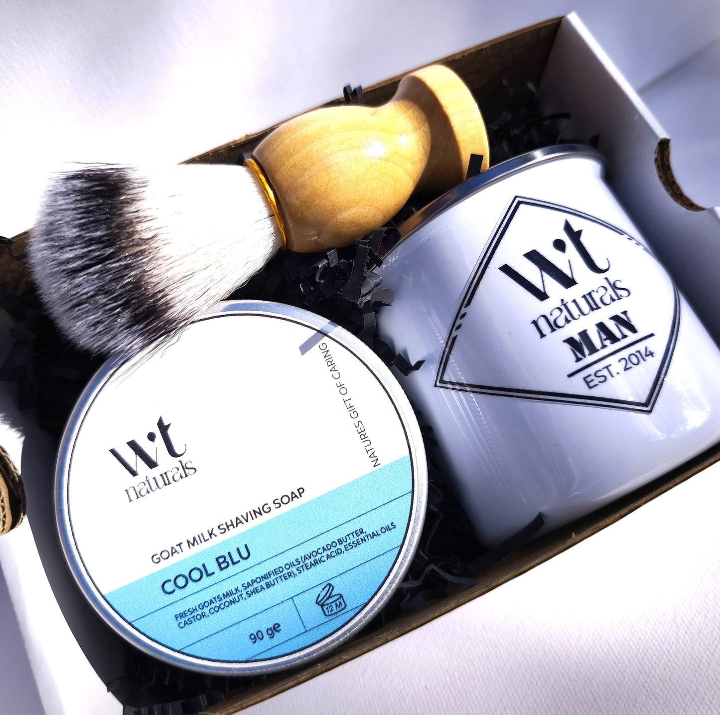 GOAT MILK SHAVING SET - Shaving Soap, Brush and Enamel Shaving Mug in Gift Box