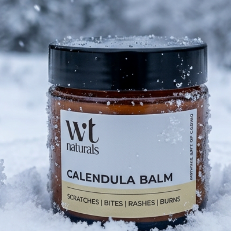 Jar of calendula balm with a black lid on a snowy background, featuring the WT Naturals brand.