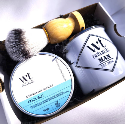 GOAT MILK SHAVING SET - Shaving Soap, Brush and Enamel Shaving Mug in Gift Box