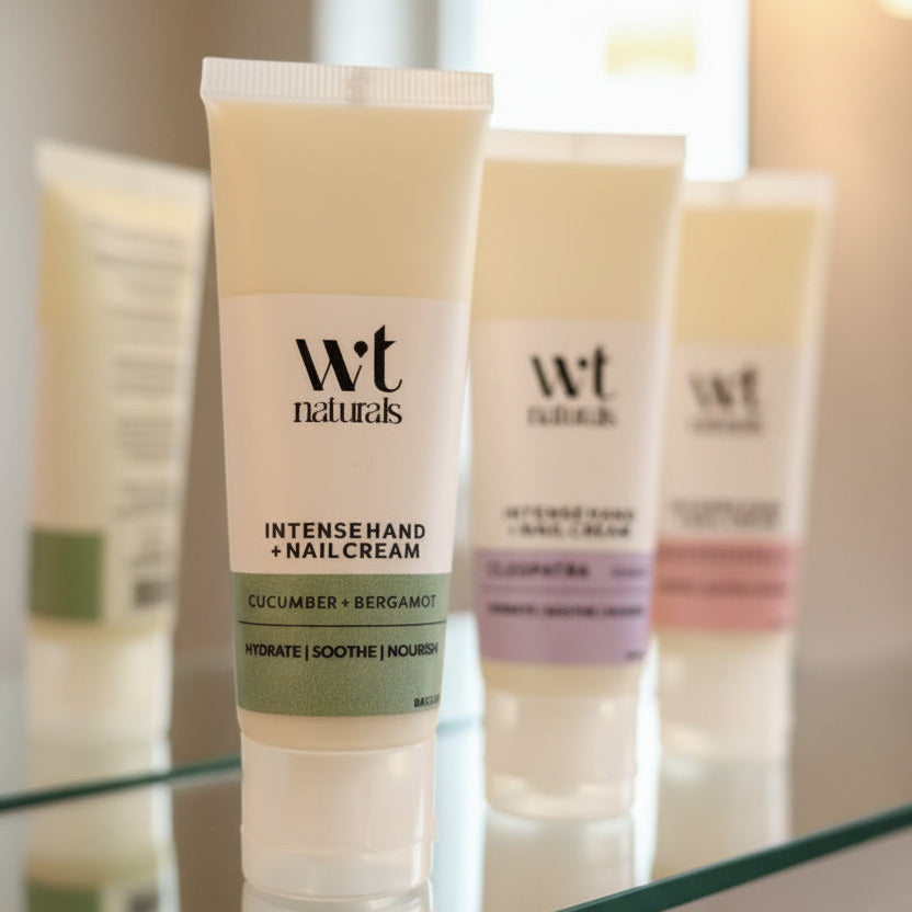 Three tubes of Wt Naturals Intense Hand & Nail Cream arranged in a row on a textured gray surface against a light beige background. The front tube is cucumber and bergamot with a green label, and the tubes behind it are in other shades.