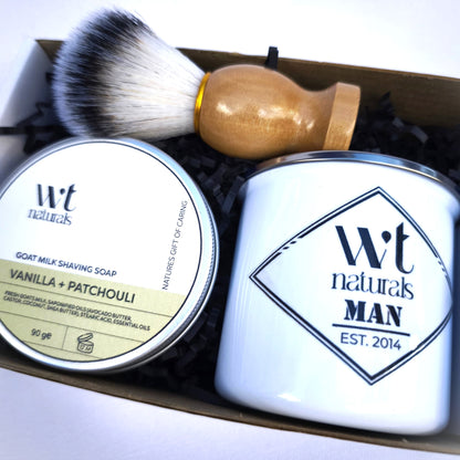 GOAT MILK SHAVING SET - Shaving Soap, Brush and Enamel Shaving Mug in Gift Box