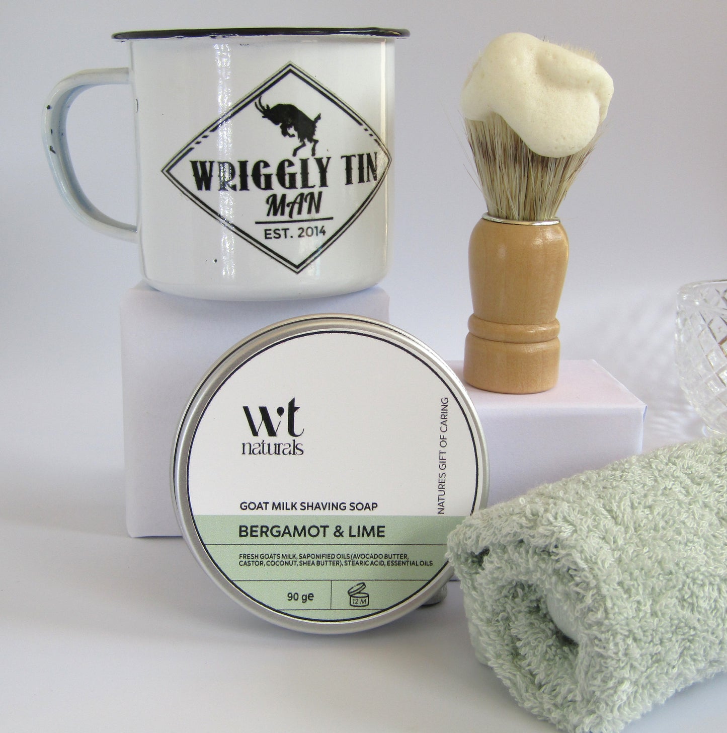 GOAT MILK SHAVING SET - Shaving Soap, Brush and Enamel Shaving Mug in Gift Box