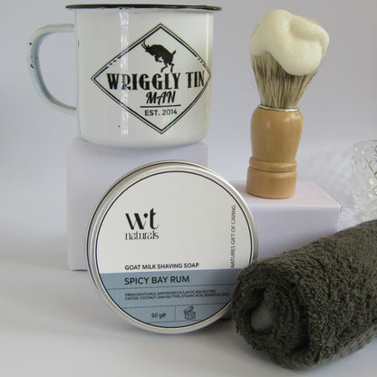 GOAT MILK SHAVING SET - Shaving Soap, Brush and Enamel Shaving Mug in Gift Box